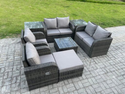 Fimous 7 Seater Rattan Sofa Set Outdoor Garden Furniture Set With Square Coffee Table Loveseat Sofa Reclining Chairs 2 Side Tables - thumbnail 2