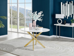 Furniturebox Novara 120Cm 4-6 Seater White High Gloss Round Wooden Dining Table With Gold Chrome Legs