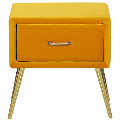 Wyld And Coco Velvetaura Yellow Velvet Bedside Table With Gold Legs And 1 Drawer - Small. - image 1