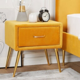 Wyld And Coco Velvetaura Yellow Velvet Bedside Table With Gold Legs And 1 Drawer - Small. - thumbnail 2