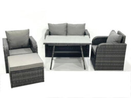 Fimous Outdoor Garden Furniture Set Rattan Sofa Dining Table Set With Reclining Chair Big Footstool Dark Grey Mixed - thumbnail 1