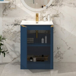Royal Bathrooms Evora 700mm Midnight Blue Fluted Floor Standing Vanity Unit 2 Door With Ceramic Basin Sink & Brushed Brass Handles - thumbnail 4