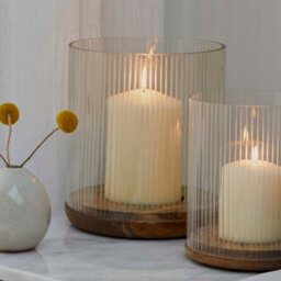 Ivyline Amelia Ribbed Glass Wooden Candle Holder H23Cm D20Cm - thumbnail 1