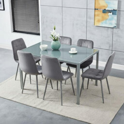 Kosy Koala Modern Rectangle Grey Glass Dining Table Set With 6 Grey Velvet Chairs Dining Room Furniture