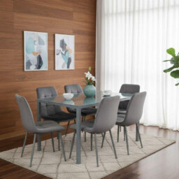 Kosy Koala Modern Rectangle Grey Glass Dining Table Set With 6 Grey Velvet Chairs Dining Room Furniture - thumbnail 2