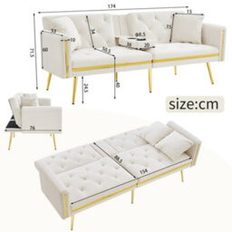Matteo 2-Seater Velvet Sofa Bed With Adjustable Backrest And Built-In Cup Holders - White - thumbnail 3