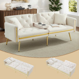 Matteo 2-Seater Velvet Sofa Bed With Adjustable Backrest And Built-In Cup Holders - White - thumbnail 2