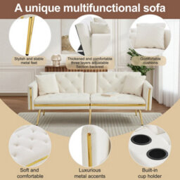 Matteo 2-Seater Velvet Sofa Bed With Adjustable Backrest And Built-In Cup Holders - White - thumbnail 8