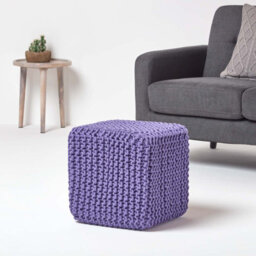 Homescapes Purple Cube Cotton Knitted Pouffe Footstool - thumbnail 2