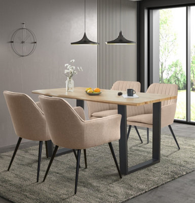 Hallowood Furniture Cullompton Large Dining Table With Live Edge Effect And 4 Light Brown Armed Chair - image 1