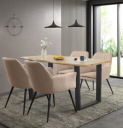 Hallowood Furniture Cullompton Large Dining Table With Live Edge Effect And 4 Light Brown Armed Chair - thumbnail 1