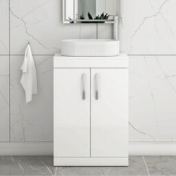 Royal Bathrooms Turin 600mm Freestanding Bathroom Vanity Unit With Sink 2 Door Gloss White & Lyon Countertop Basin - thumbnail 1