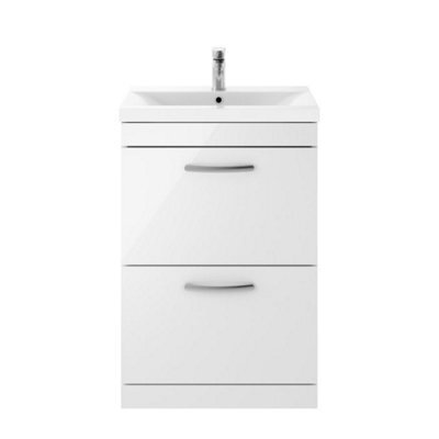 Dezine Serene 600mm Gloss White Floor Standing 2 Drawer Vanity Unit, With Basin - image 1