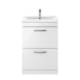 Dezine Serene 600mm Gloss White Floor Standing 2 Drawer Vanity Unit, With Basin - thumbnail 1