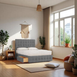 "Knight Sleep Munic Grey Plush 6Ft Bed Set With Mattress, 2 Drawers Same Side & 24""headboard - Super King" - thumbnail 1