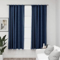 Berkfield Linen-Look Blackout Curtains With Hooks 2 Pcs Blue 140X175 Cm