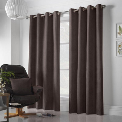 Luxury Living Velvet Chenille Eyelet Curtains Ready Made Pair Chocolate - image 1