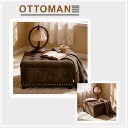 Matteo Square Fabric Storage Ottoman With Rivet Detail - Coffee - thumbnail 4