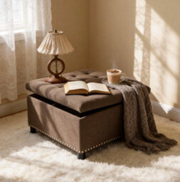 Matteo Square Fabric Storage Ottoman With Rivet Detail - Coffee - thumbnail 3