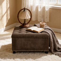Matteo Square Fabric Storage Ottoman With Rivet Detail - Coffee - thumbnail 2