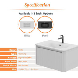 Plum&clay Isla Ribbed Fluted White Wall Hung Drawer Vanity Unit & White Basin Set (W)800mm - thumbnail 5