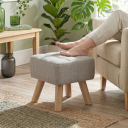 Light Brown Footstool With Wood Legs, Fabric Foot Stool Living Room - thumbnail 3