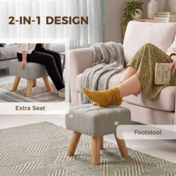 Light Brown Footstool With Wood Legs, Fabric Foot Stool Living Room - thumbnail 4