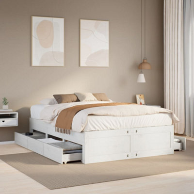 Berkfield Bed Frame Without Mattress With Drawers White 150X200 Cm King Size Solid Wood Pine - image 1