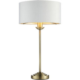 Loops Antique Brass Plate Table Lamp - Vintage White Fabric Shade - 447mm Tall Light - 7W Led E14