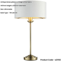 Loops Antique Brass Plate Table Lamp - Vintage White Fabric Shade - 447mm Tall Light - 7W Led E14 - thumbnail 2