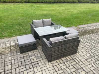 Fimous Garden Patio Furniture Wicker Rattan Oblong Rectangular Dining Table And Loveseat Sofa Set With 2 Big Footstool - image 1