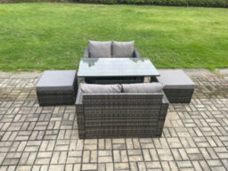 Fimous Garden Patio Furniture Wicker Rattan Oblong Rectangular Dining Table And Loveseat Sofa Set With 2 Big Footstool - thumbnail 2