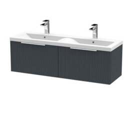 Hudson Reed Fluted Wall Hung 2-Drawer Vanity And Double Ceramic Basin, Contemporary Sink Vanity Unit, Soft Black, 1200mm - thumbnail 5