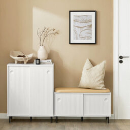 Sobuy Fsr116-W, Hallway Storage Bench Shoe Rack With Sliding Doors And Seat Cushion,white,w85Xd37Xh48 - thumbnail 2