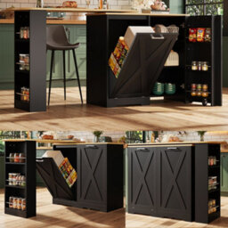 Matteo 360-Degree Rotating Extendable Sideboard Cabinet With Side Shelves, Black Mdf