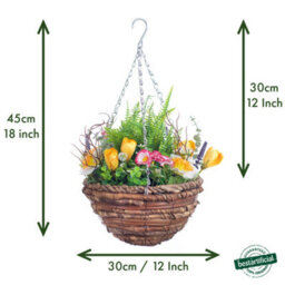 Best Artificial 45Cm / 18 Inch White Daffodil Tulip Daisy Mixed Flower Display In Woven Decorative Hanging Basket (Fern Centre) - thumbnail 3