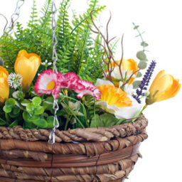 Best Artificial 45Cm / 18 Inch White Daffodil Tulip Daisy Mixed Flower Display In Woven Decorative Hanging Basket (Fern Centre) - thumbnail 2