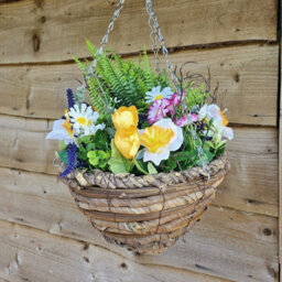 Best Artificial 45Cm / 18 Inch White Daffodil Tulip Daisy Mixed Flower Display In Woven Decorative Hanging Basket (Fern Centre) - thumbnail 1