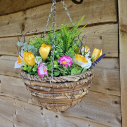Best Artificial 45Cm / 18 Inch White Daffodil Tulip Daisy Mixed Flower Display In Woven Decorative Hanging Basket (Fern Centre) - thumbnail 4