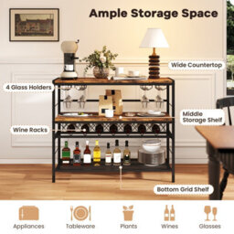 Gainoom 104Cm Wine Rack Brown Freestanding Wine Bar Table W/ 4 Glass Holders - thumbnail 8