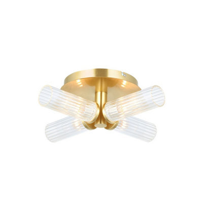 Luminosa Lighting Luminosa Talo Bathroom Multi Arm Glass Semi Flush Ceiling Lamp, Satin Brass Plate, Ribbed Glass, Ip44 - image 1