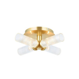 Luminosa Lighting Luminosa Talo Bathroom Multi Arm Glass Semi Flush Ceiling Lamp, Satin Brass Plate, Ribbed Glass, Ip44