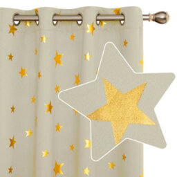 Deconovo Blackout Bedroom Curtains, Eyelet Gold Star Foil Printed Curtains Curtains For Living Room 66 X 72 Inch Beige 2 Panels - thumbnail 4