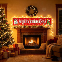 Amorly 0.5X3M Merry Christmas Hanging Banner, Festive Santa Snowman Sign With Snowflake Tree Print, Xmas Party Decoration For Fence Yard - thumbnail 6