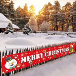 Amorly 0.5X3M Merry Christmas Hanging Banner, Festive Santa Snowman Sign With Snowflake Tree Print, Xmas Party Decoration For Fence Yard - thumbnail 1