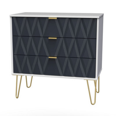 Diamond Ready Assembled Matt Indigo & White No Effect 3 Drawer Wide Chest (H)695mm (W)765mm (D)415mm - image 1