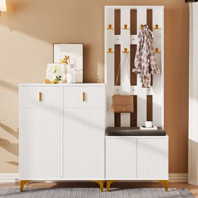 Matteo Modern Wardrobe Set With Shoe Bench, Coat Hooks, And Drawers - White - image 1