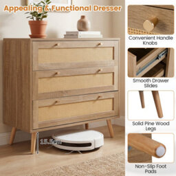 Costway 3-Drawer Rattan Dresser Wooden Bedside Storage End Table W/ Pine Wood Legs - thumbnail 8