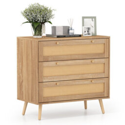 Costway 3-Drawer Rattan Dresser Wooden Bedside Storage End Table W/ Pine Wood Legs