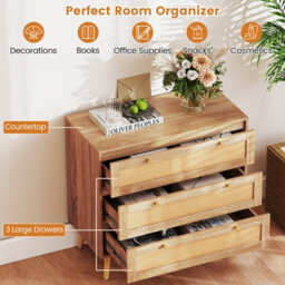 Costway 3-Drawer Rattan Dresser Wooden Bedside Storage End Table W/ Pine Wood Legs - thumbnail 3